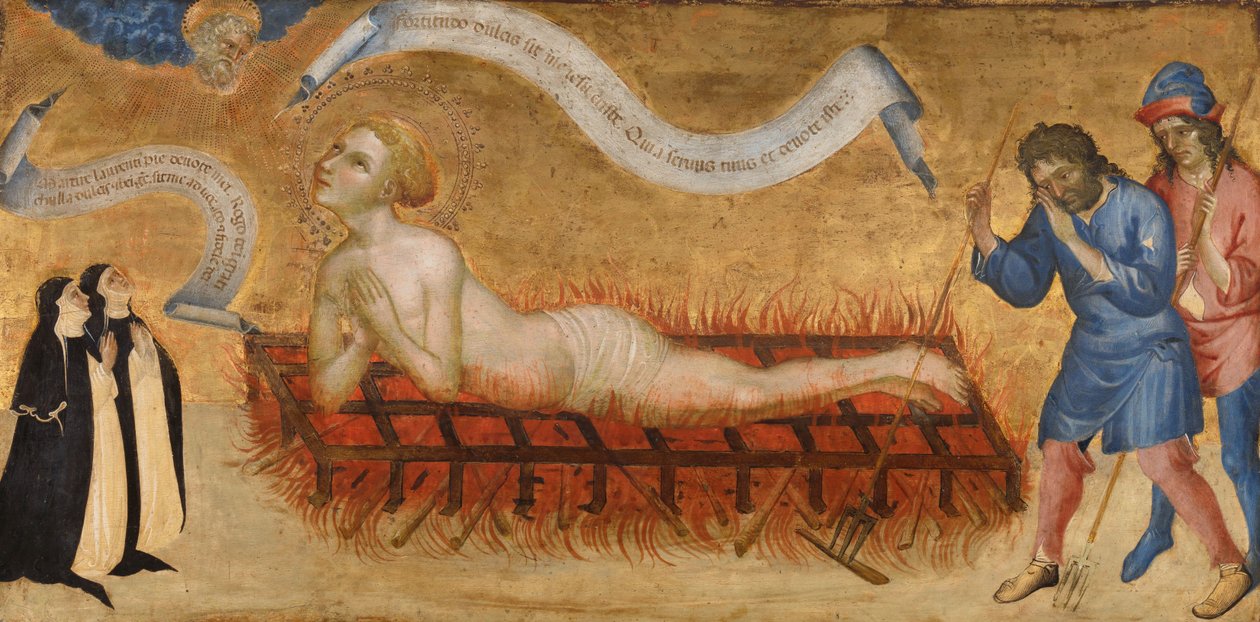 Martírio de São Lourenço, com duas freiras beneditinas de Jacobello del Fiore