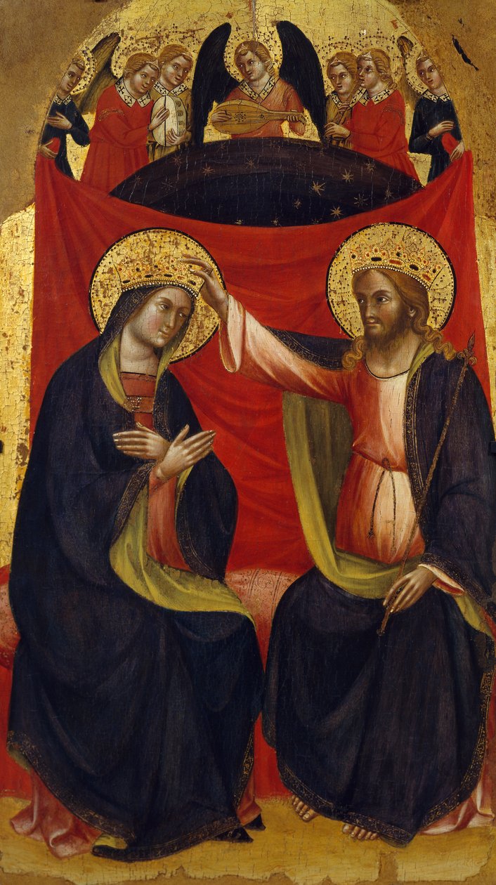 Coroação da Virgem, detalhe do painel central do Tríptico com Coroação da Virgem e Santos por Jacobello de Bonomo (ativo 1375-1385), painel de Jacobello di Bonomo