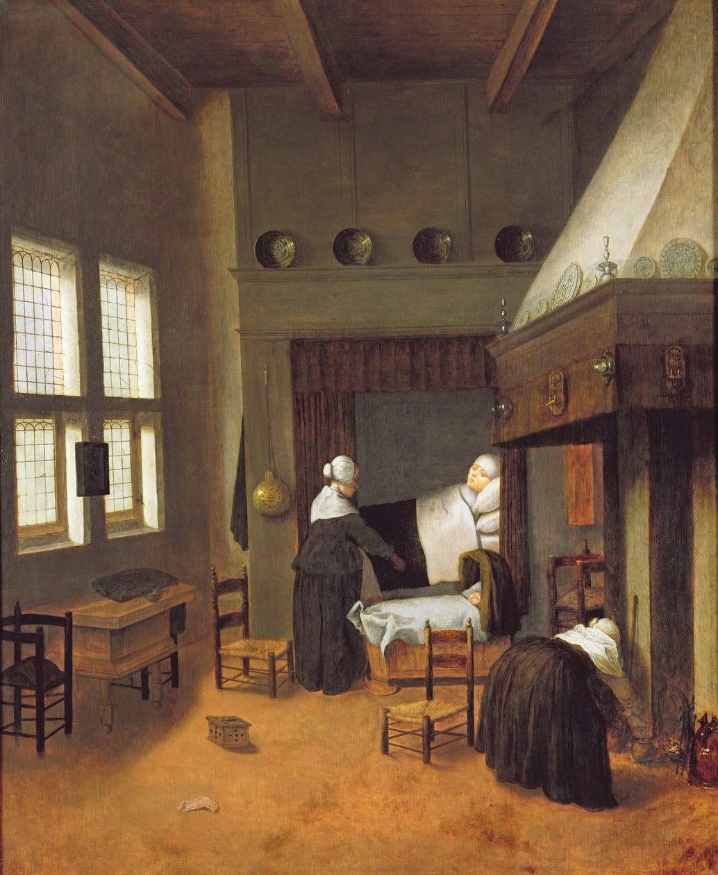 Interior do quarto com a mãe e filho recém-nascido de Jacobus Vrel or Frel