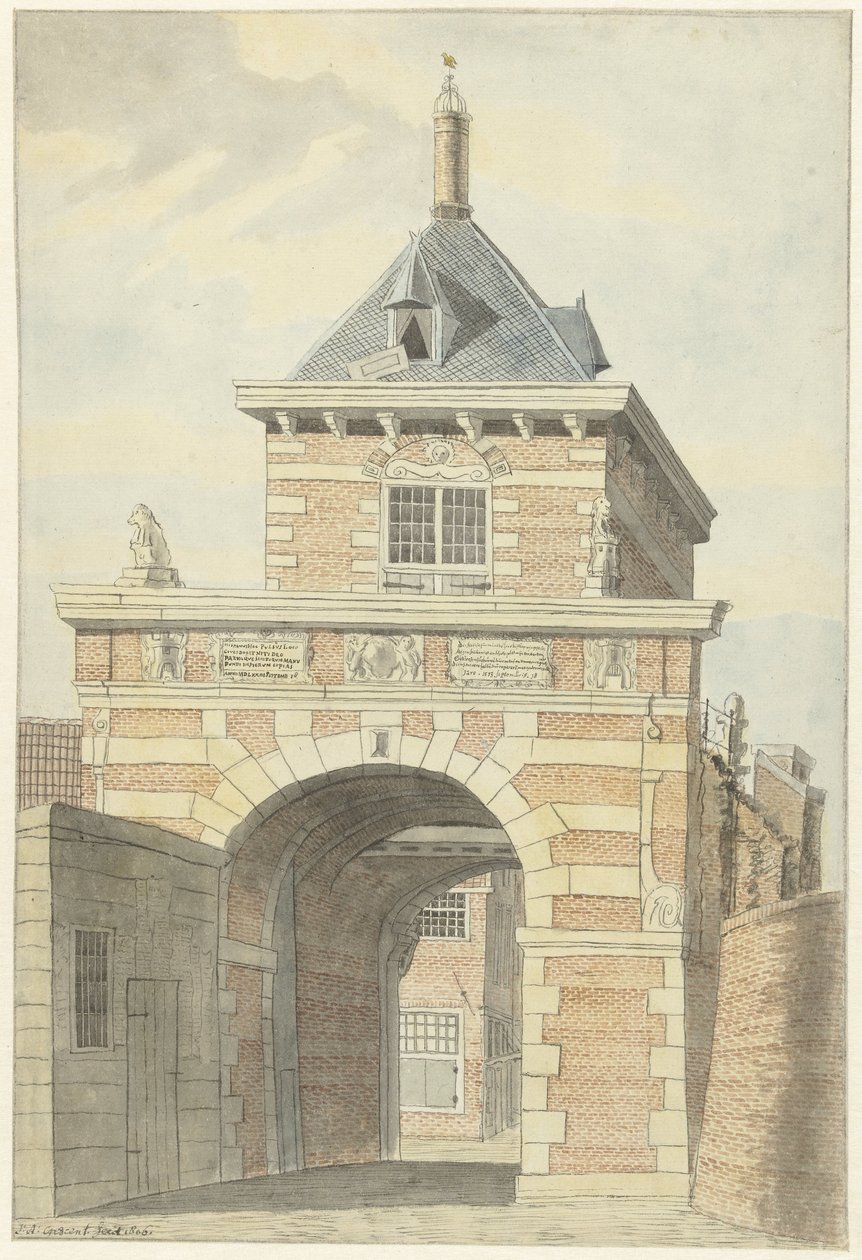 Vista do antigo Vriesche Poort em Alkmaar de Jacobus Andreas Crescent