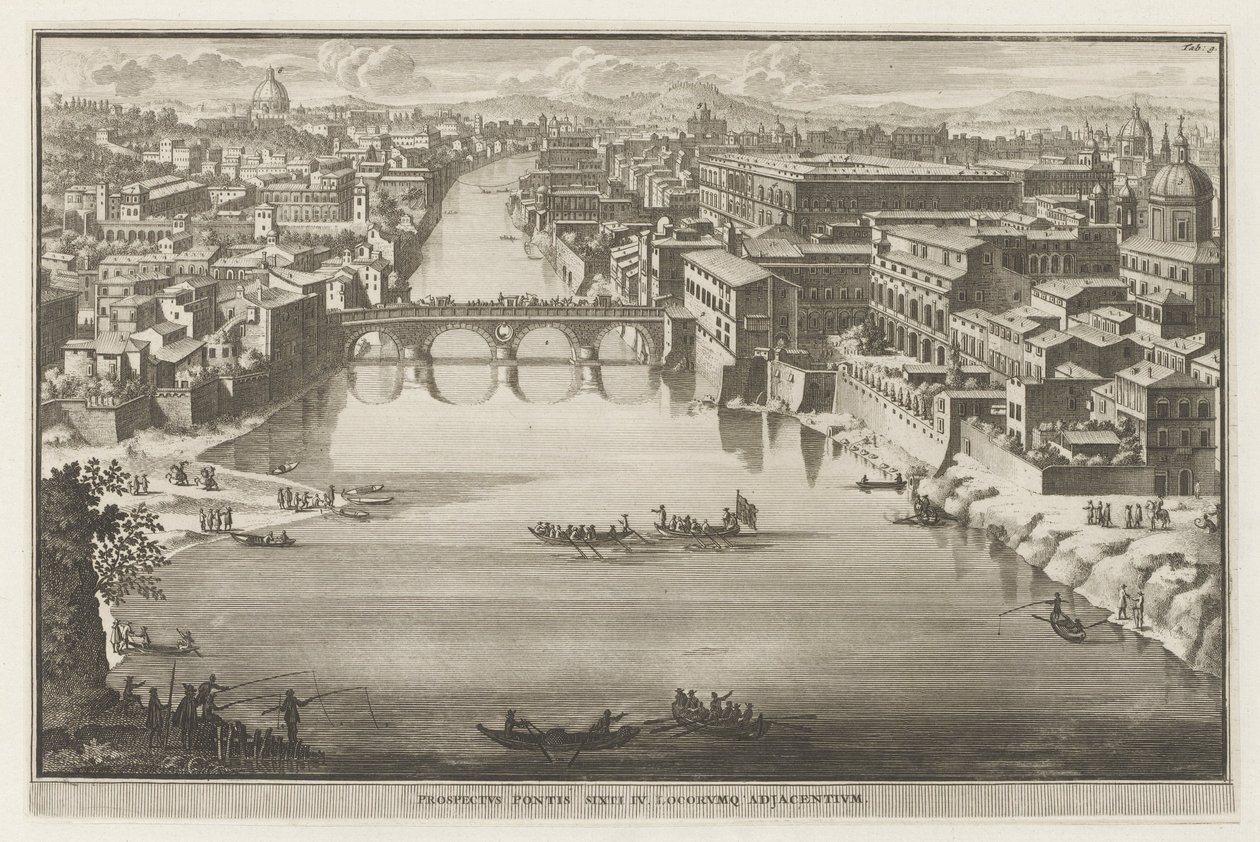 Vista de Roma com a Ponte Sisto sobre o rio Tibre Prospecto Pontis Sixti IV locorumq adjadentium (título no objeto) Vistas de Roma (título da série) La Galerie agreable du mond (...) divisée en LXVI tomes...Cette partie comprend le Rome moderne de Jacobus Baptist
