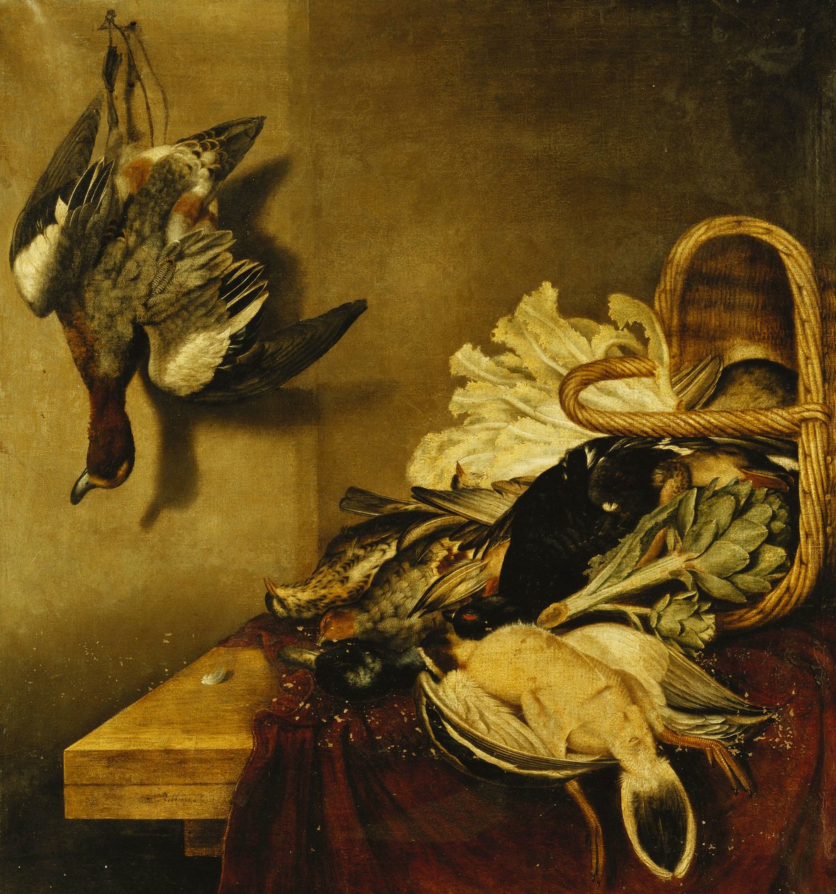 Uma cesta virada de aves, uma lebre, uma alcachofra e alface em uma borda coberta com um pano vermelho, de Jacobus Biltius