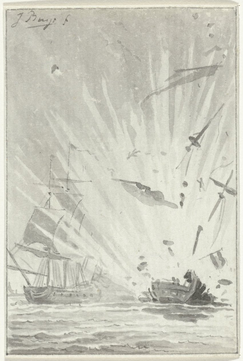 Explosão do navio corsário holandês The Brave Patriot em batalha com o navio inglês Chameleon, 14 de Agosto de 1781 de Jacobus Buys