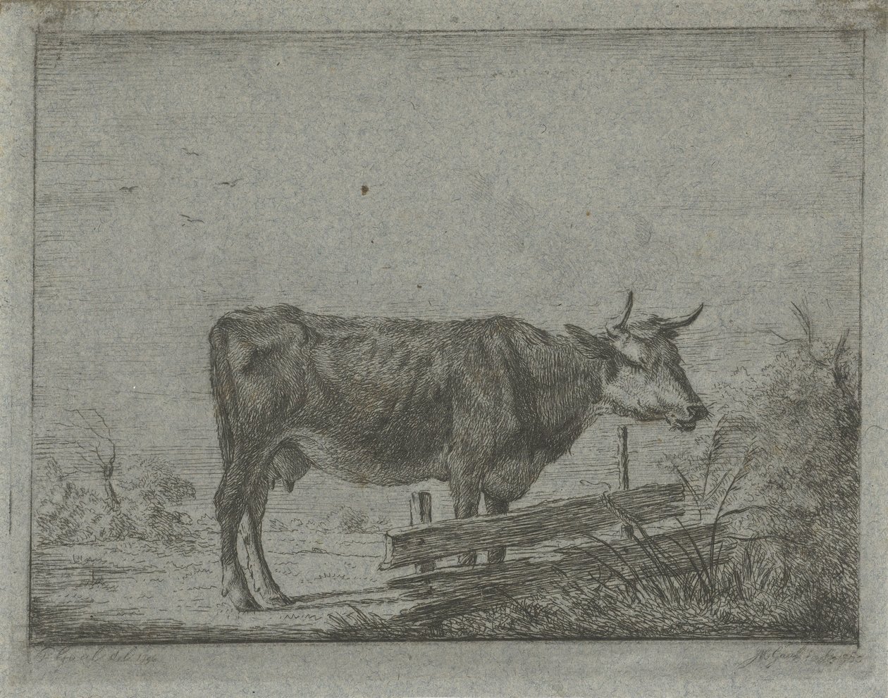 Vaca em pé perto de uma cerca de Jacobus Cornelis Gaal