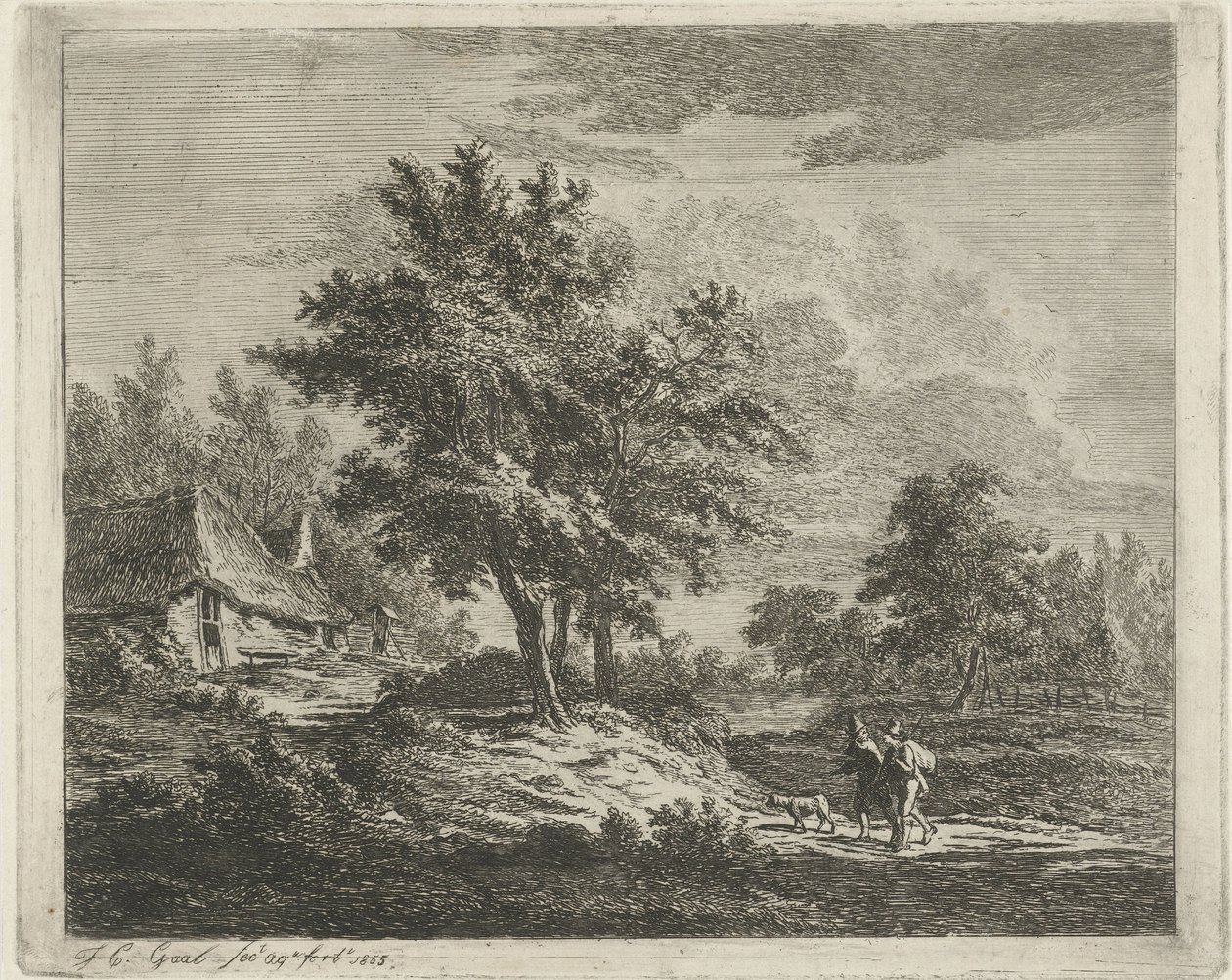 Paisagem com caminhantes perto de três árvores de Jacobus Cornelis Gaal