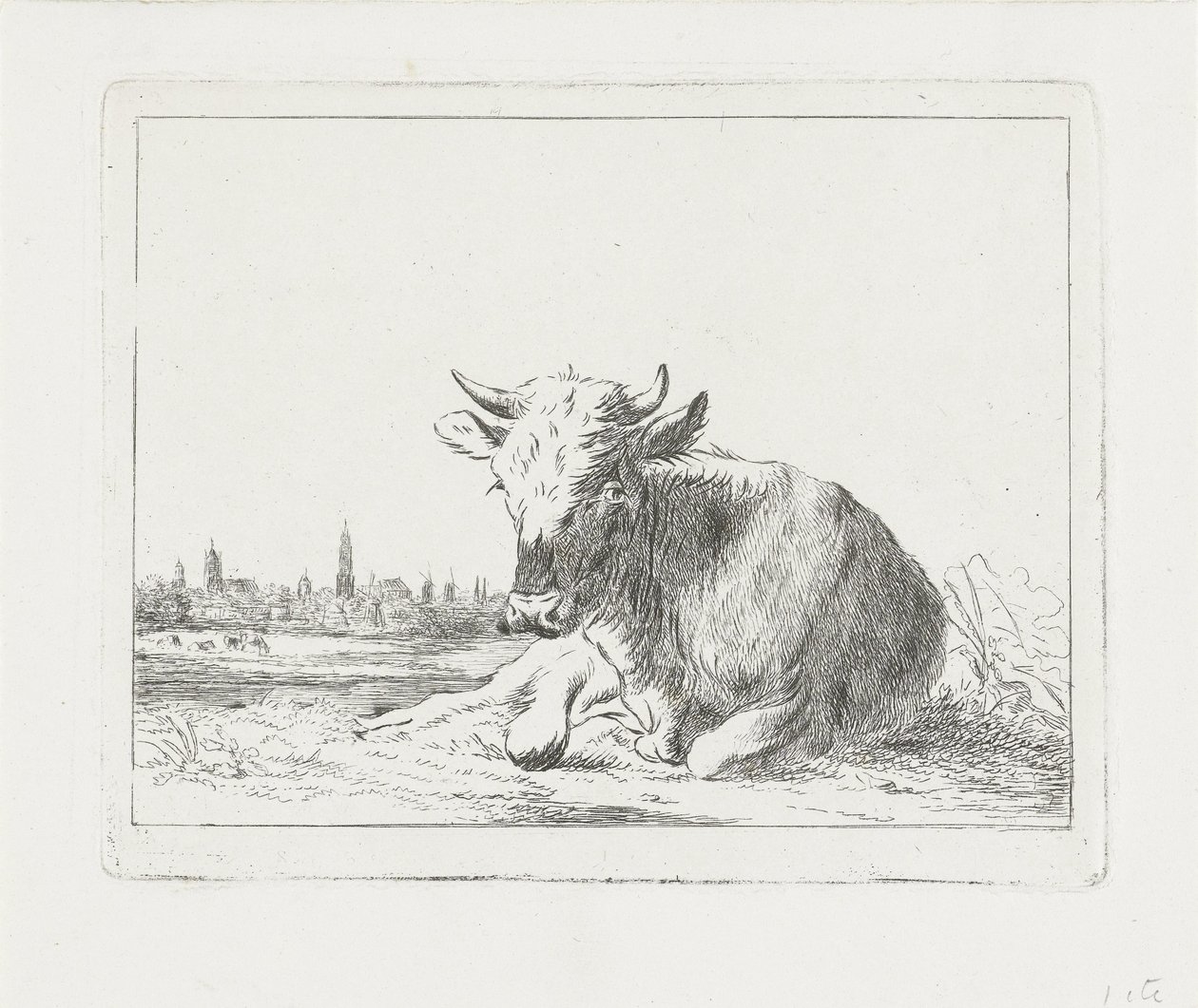 Vaca reclinada, ao fundo uma cidade de Jacobus Cornelis Gaal
