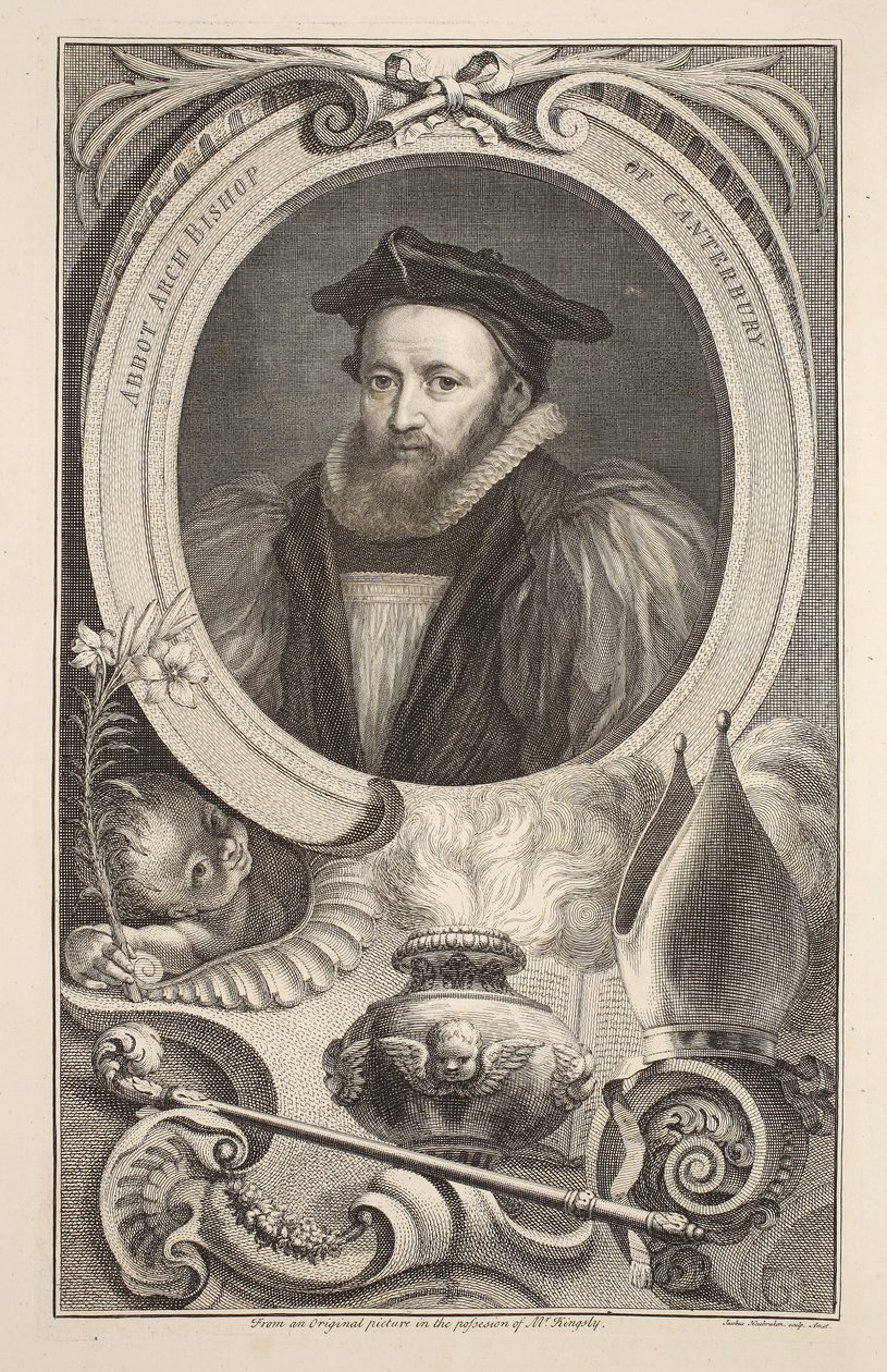 Retrato George Abbot, Archbisop de Canterbury, ilustração "das cabeças de pessoas ilustres de Grâ Bretanha", bar. de Knapton, Londres, 1742 de Jacobus Houbraken