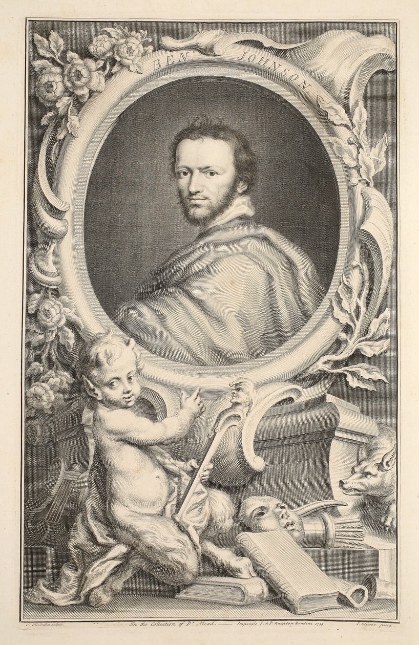Retrato de Ben Johnson, ilustração das Cabeças de pessoas ilustres de Grâ Bretanha , bar. de Knapton, Londres, 1742 de Jacobus Houbraken