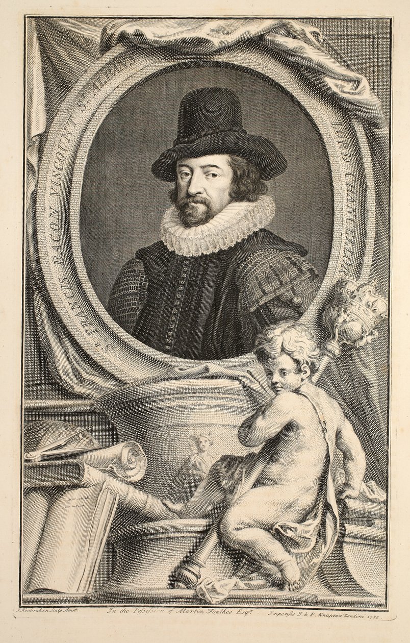 Retrato de Francis Bacon, visconde de St Albans, ilustração "das cabeças de pessoas ilustres de Grâ Bretanha", bar. de Knapton, Londres, 1742 de Jacobus Houbraken