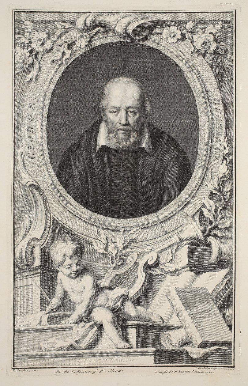 Retrato de George Buchanan, após Frans Pourbus, ilustração "das cabeças de pessoas ilustres de Grâ Bretanha", bar. de Knapton, Londres, 1742 de Jacobus Houbraken