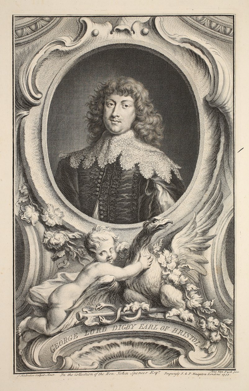 Retrato de George, senhor Digby, conde de Bristol, ilustração das Cabeças de pessoas ilustres de Grâ Bretanha , bar. de Knapton, Londres, 1742 de Jacobus Houbraken