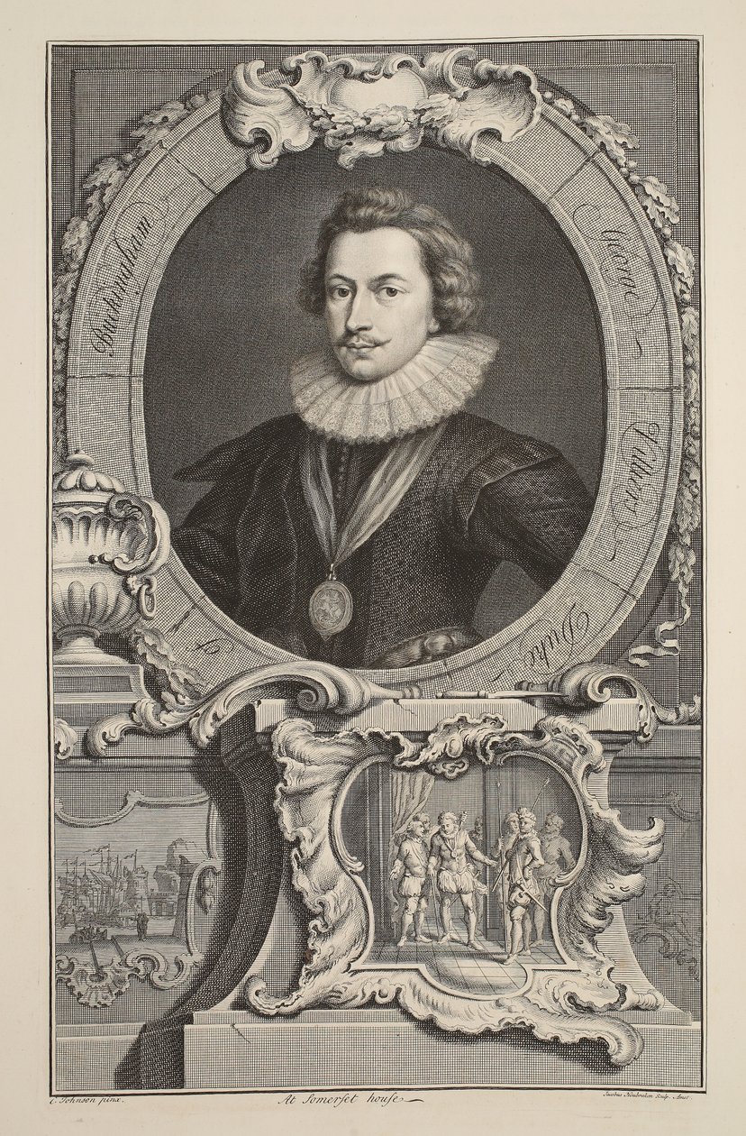 Retrato de George Villiers, duque de Buckingham, ilustração "das cabeças de pessoas ilustres de Grâ Bretanha", bar. de Knapton, Londres, 1742 de Jacobus Houbraken