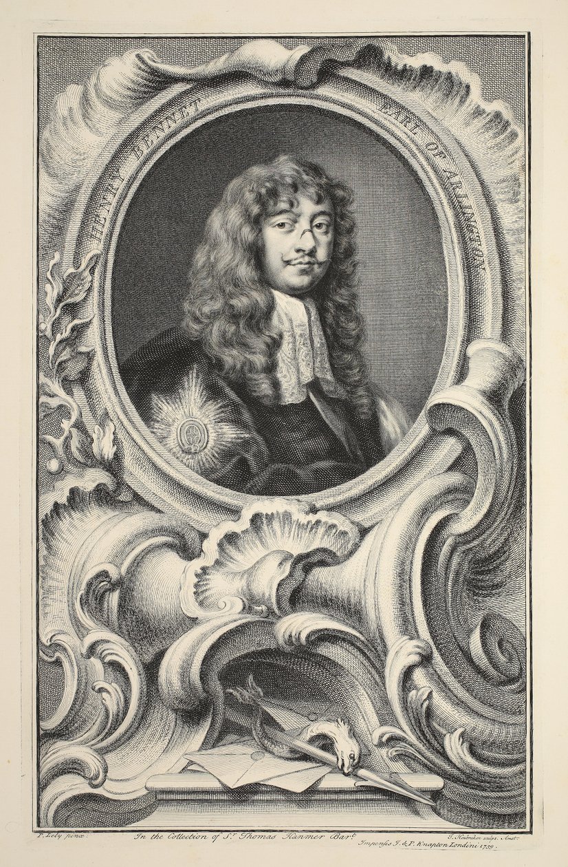 Retrato de Henry Bennet, conde de Arlington, ilustração das Cabeças de pessoas ilustres de Grâ Bretanha , bar. de Knapton, Londres, 1742 de Jacobus Houbraken