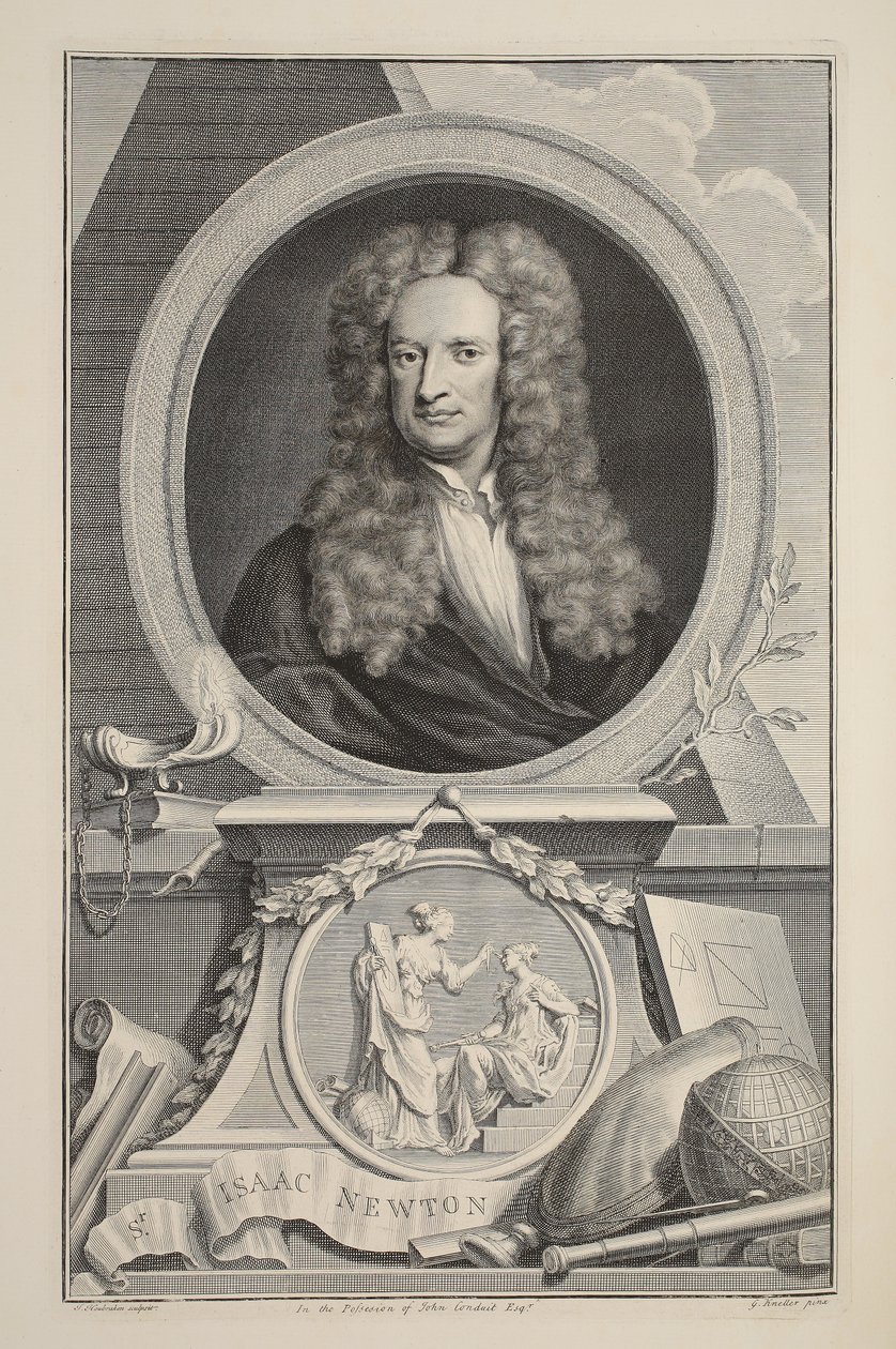 Retrato de Isaac Newton, ilustração "das cabeças de pessoas ilustres de Grâ Bretanha", bar. de Knapton, Londres, 1742 de Jacobus Houbraken