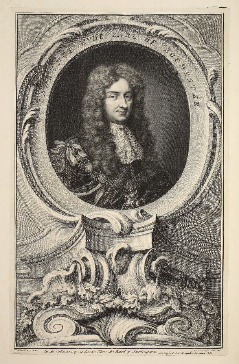 Retrato de Laurence Hyde, conde de Rochester, ilustração "das cabeças de pessoas ilustres de Grâ Bretanha", bar. de Knapton, Londres, 1742 de Jacobus Houbraken