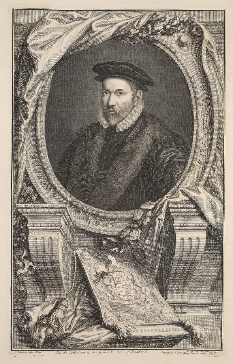 Retrato de Nicholas Bacon, ilustração "das cabeças de pessoas ilustres de Grâ Bretanha", bar. de Knapton, Londres, 1742 de Jacobus Houbraken