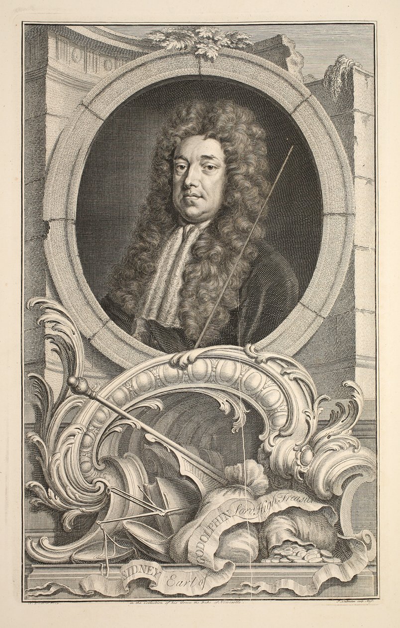 Retrato de Sidney, conde de Godolphin, ilustração "das cabeças de pessoas ilustres de Grâ Bretanha", bar. de Knapton, Londres, 1742 de Jacobus Houbraken