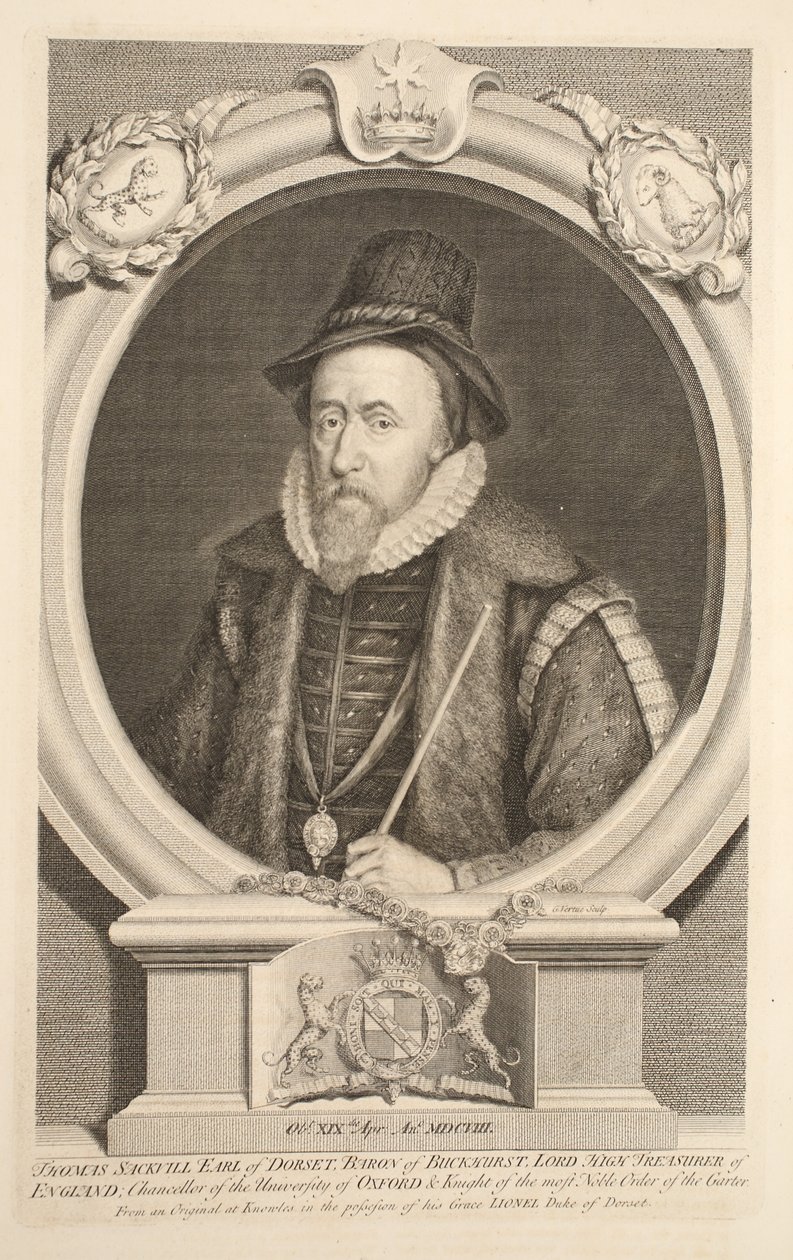 Retrato de Thomas Sackville, conde de Dorset, barão de Buckhurst, ilustração de &39;cabeças de Ilustre pessoas da Grã-Bretanha&39;, pub. de Knapton, Londres, 1742 de Jacobus Houbraken