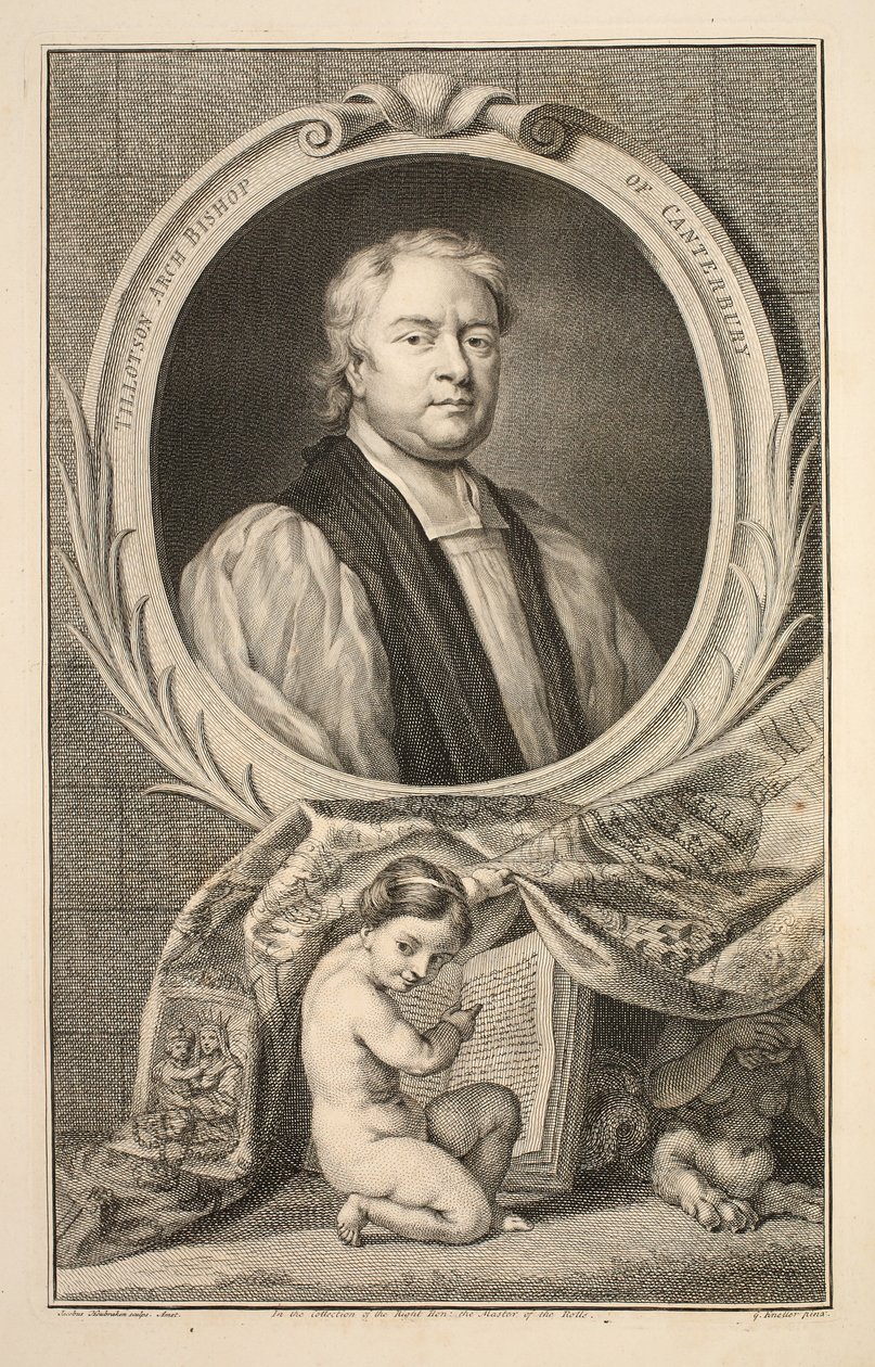 Retrato de Tillotson, arcebispo de Canterbury, ilustração "das cabeças de pessoas ilustres de Grâ Bretanha", bar. de Knapton, Londres, 1742 de Jacobus Houbraken