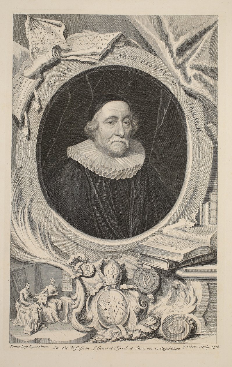 Retrato de Usher, arcebispo de Armagh, ilustração de &39;cabeças de ilustres pessoas da Grã-Bretanha&39;, pub. de Knapton, Londres, 1742 de Jacobus Houbraken