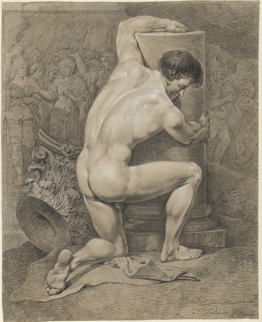 Ajoelhado nu masculino, braços para a direita em torno de uma coluna de Jacobus Johannes Lauwers