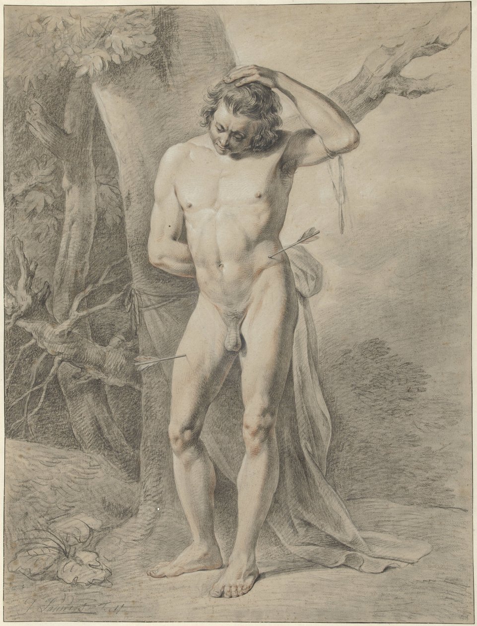 Nu masculino em pé, em frente a uma árvore de Jacobus Johannes Lauwers