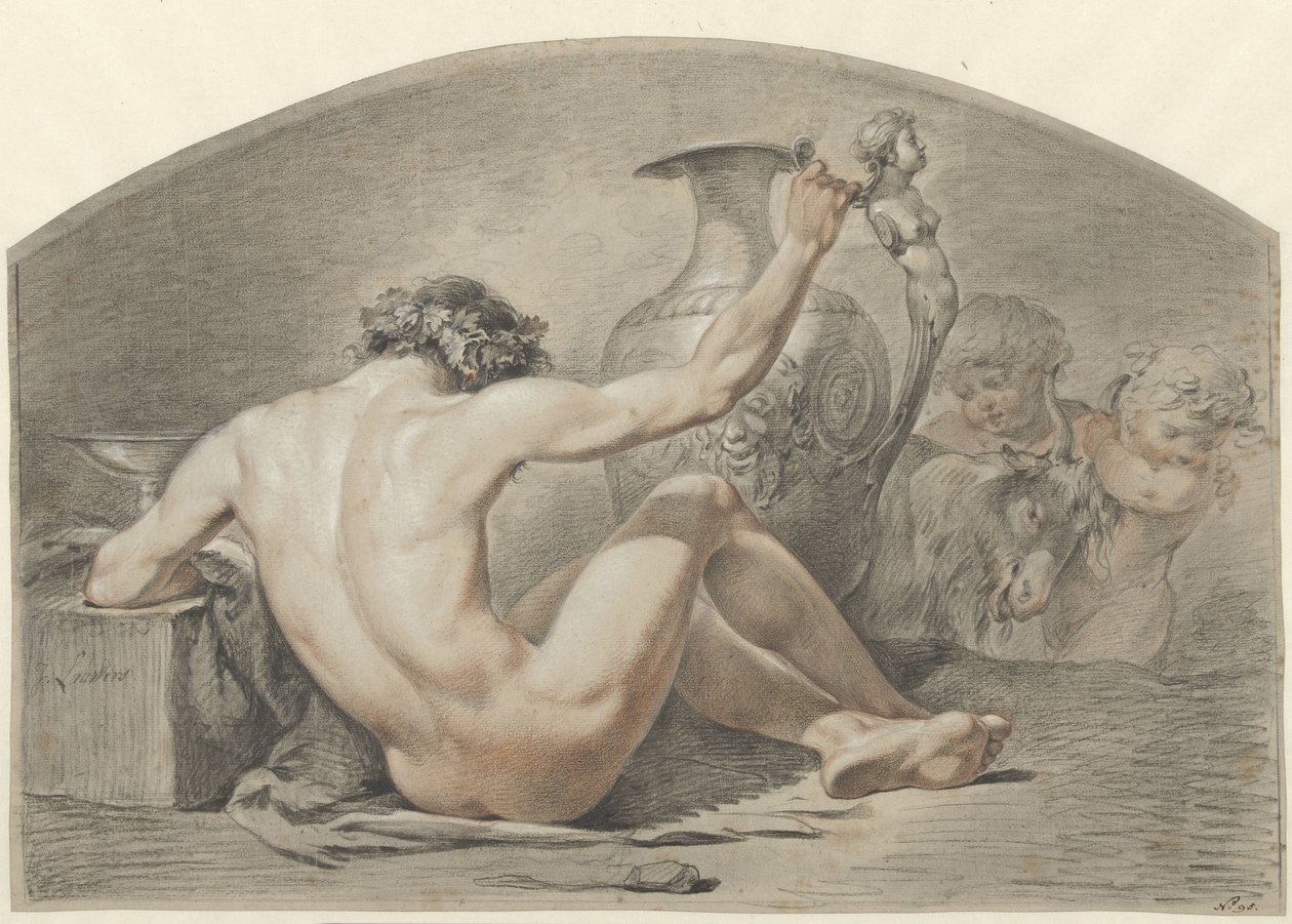 Homem sentado nu, mão na pega de um vaso de Jacobus Johannes Lauwers
