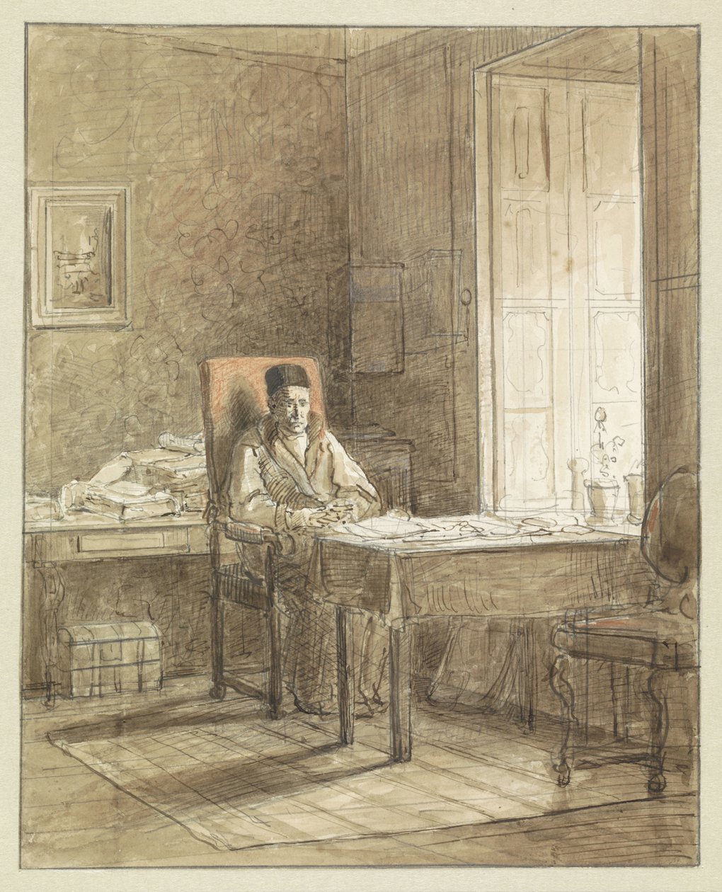 Retrato de Gerrit Lamberts, sentado numa poltrona na sala de impressão de Jacobus Ludovicus Cornet