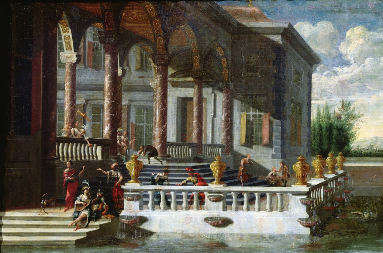 Palácio italiano com galeria e terraço (pintura) de Jacobus Saeys