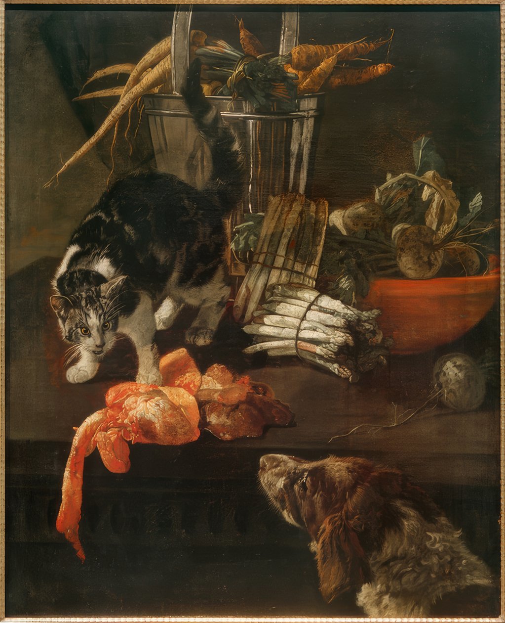 Peça de cozinha com cão e gato de Jacobus Victors
