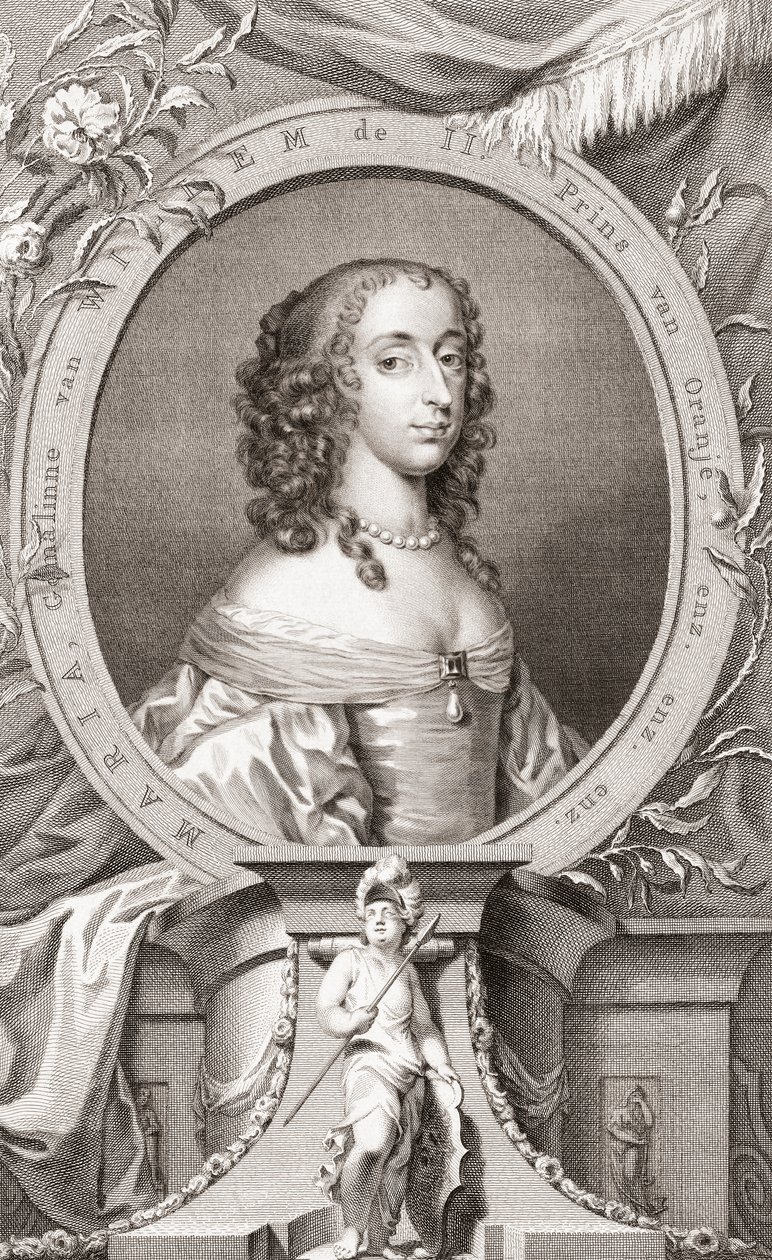 Maria, Princesa Real, Princesa de Orange, Condessa de Nassau (1631-60) Filha do Rei Carlos I de Inglaterra e sua esposa Henrietta Maria de França, Mãe do Rei Guilherme III de Inglaterra (gravura) de Jacobus and Vertue George Houbraken