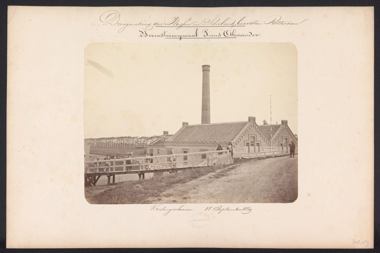Estação de bombeamento de Bovenstoom Prins Alexander / Kralingscheveer 18 de setembro de 1869 (título no objeto) Recuperação dos Lagos em Schieland leste de Rotterdam (título da série no objeto) de Jacobus van Gorkom jr.
