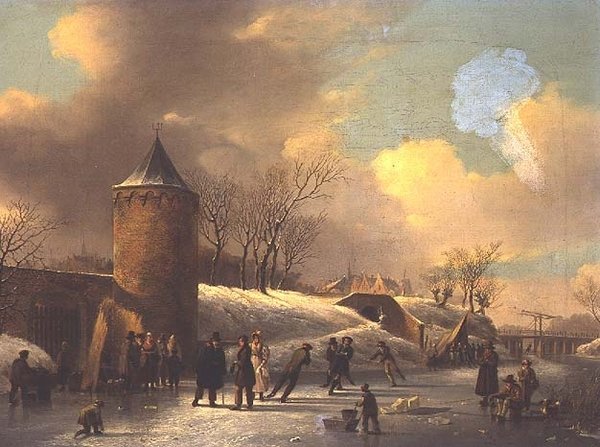 Patinadores em uma via navegável congelada por uma torre de Jacobus van der Stok