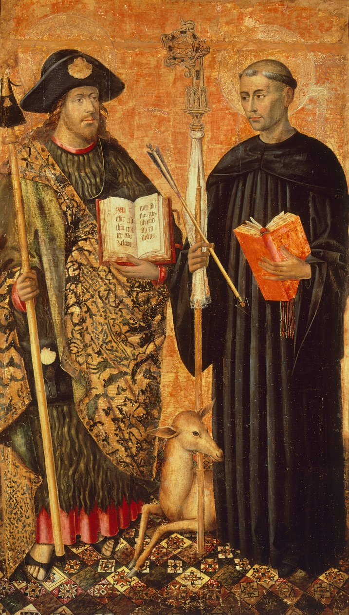 São Tiago de Compostela representado em pelerin com o bastão, chapéu e concha. e São Gilles o eremita (século VII), c.1450 (tempera e óleo sobre painel) de Jacomart (c.1413 61) Baco