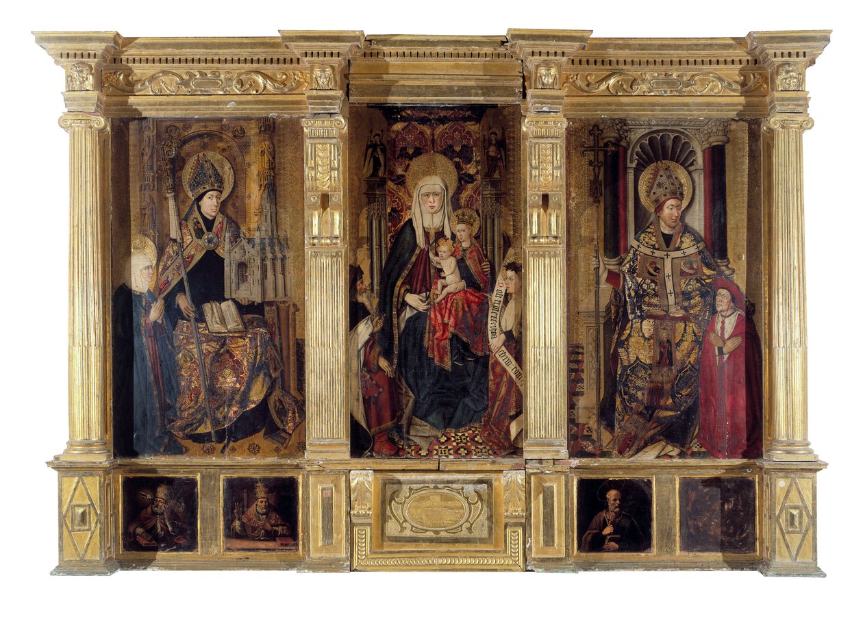 O retábulo de Santo Ildefonso (falecido em 667, bispo de Tolede) e Santo Agostinho de Hipona (c. 354-430, filósofo e escritor berbere). Pintura de Jaume Baco dit Jacomart (1410-1461). Óleo sobre madeira, cerca de 1450, arte renascentista. Cathedrale Sainte de Jacomart (c.1413 61) Baco