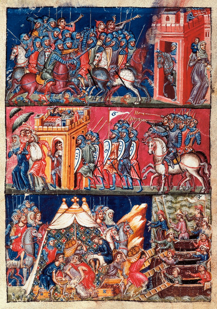 A primeira pilhagem de Trojan. Miniatura pintada de Historia destroyis Troiae de Jacome Cromberger