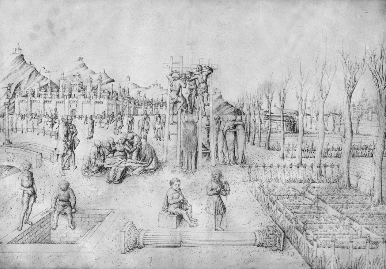 Descida da cruz e Lamentação de Cristo em paisagem, do Álbum de desenhos de Jacopo Bellini (caneta e tinta sobre velino) de Jacopo Bellini