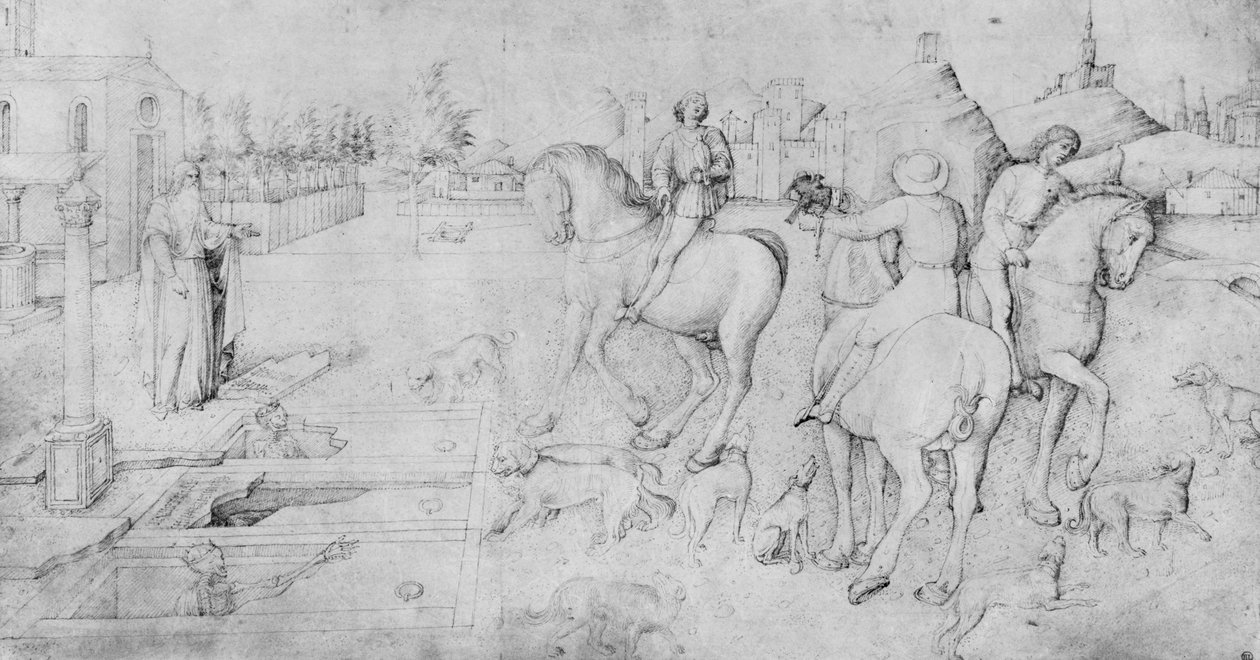 Os três homens mortos e os três homens vivos, do Álbum de desenhos de Jacopo Bellini (caneta e tinta marrom e ponta de metal sobre velino) de Jacopo Bellini