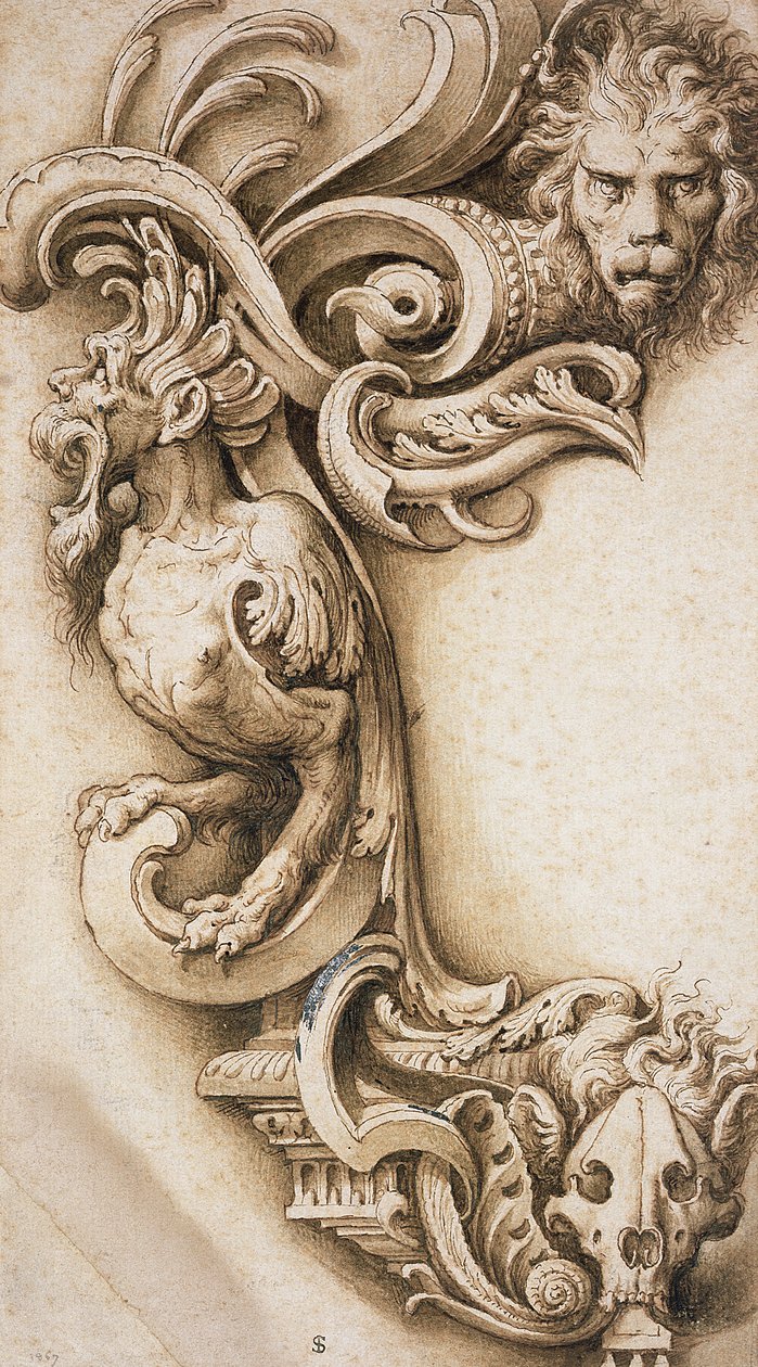 Pergaminho Grotesco (caneta e tinta marrom no papel) de Jacopo Ligozzi