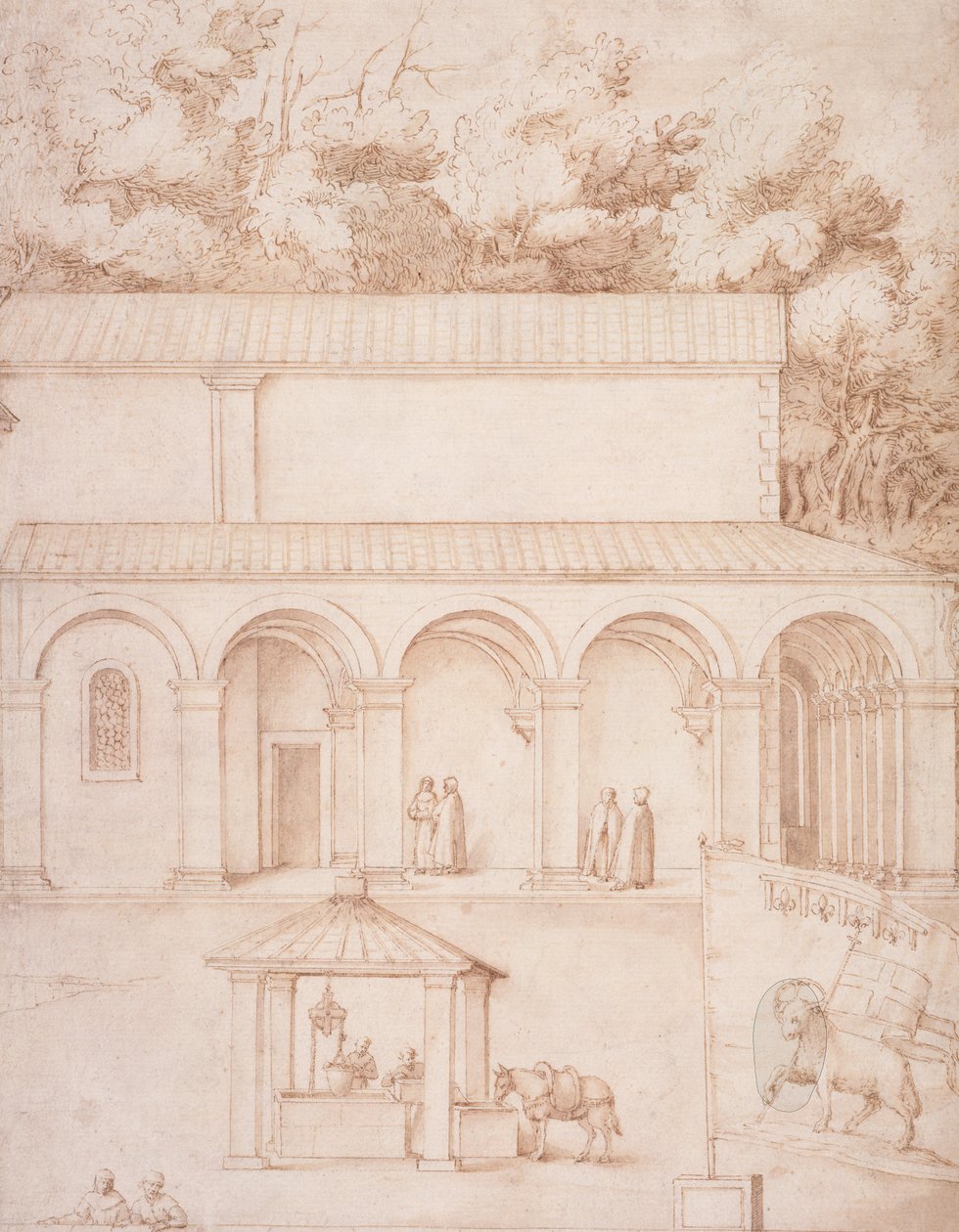 PD.54-1997 Vista do Mosteiro de La Verna, O Pátio e O Poço, c.1607-12 (lavagem, caneta e tinta sobre papel) de Jacopo Ligozzi
