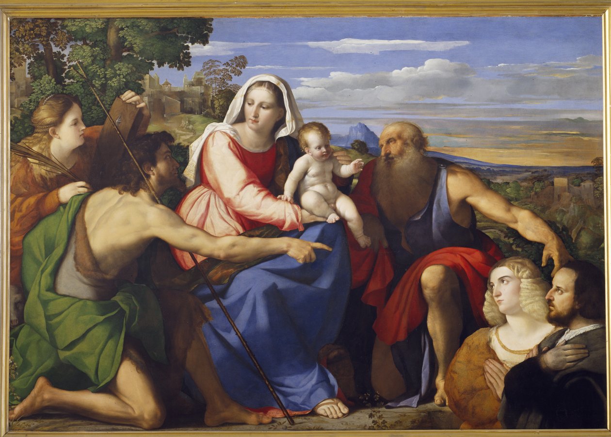 Sacra Conversazione com Santa Catarina, João Batista e Dois Doadores de Jacopo Palma