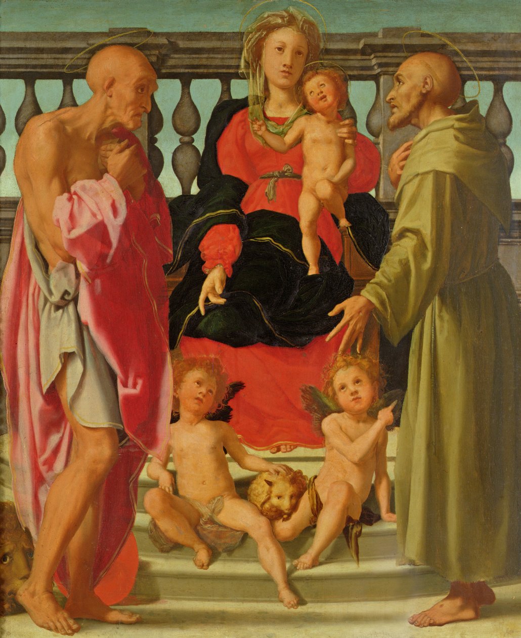 Madonna e criança com anjos e SS. Jerônimo e Francis, c.1517-18 de Jacopo Pontormo