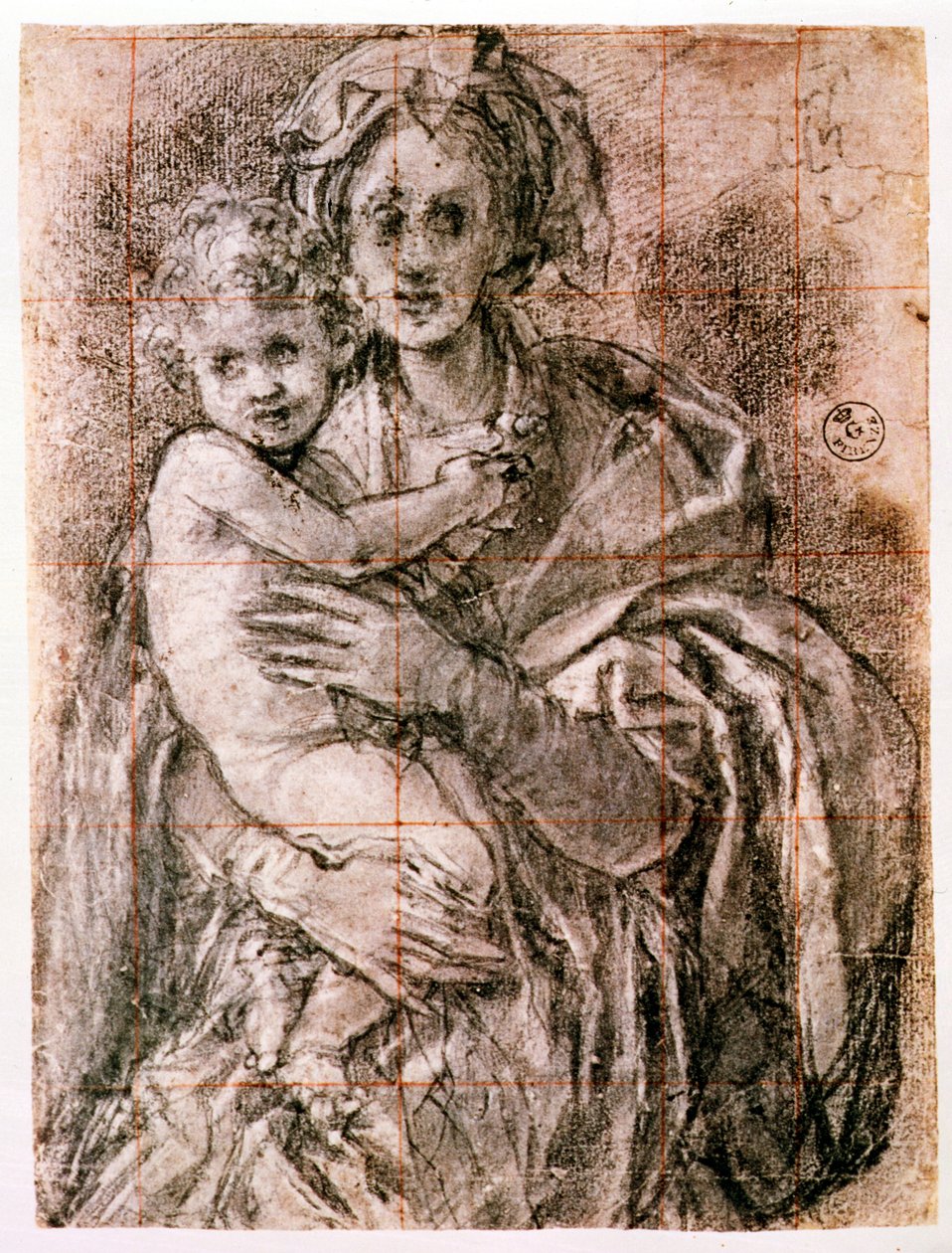 Estudo para A Virgem e o Menino com São José e João Batista, 1521-27 (giz preto sobre papel) (ver também 226976) de Jacopo Pontormo
