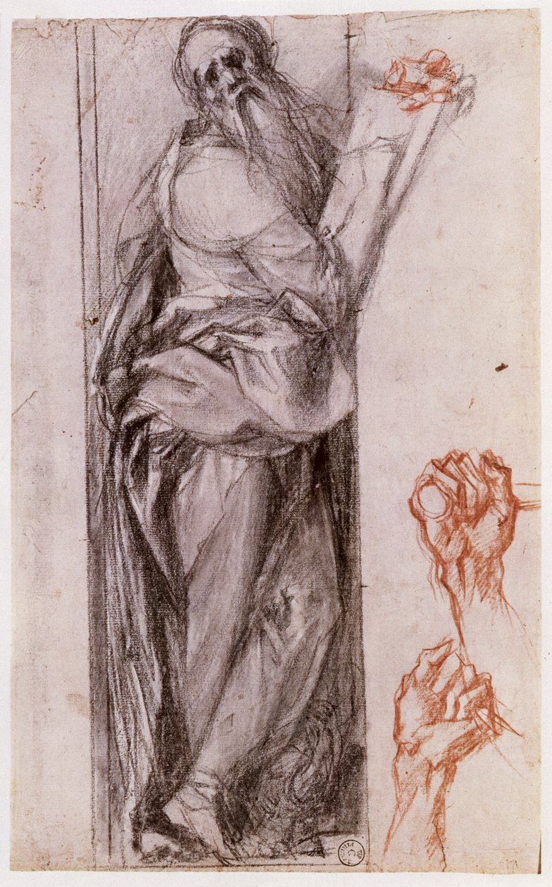 Estudo de São João Evangelista e dois estudos de punhos (giz preto e vermelho) de Jacopo Pontormo