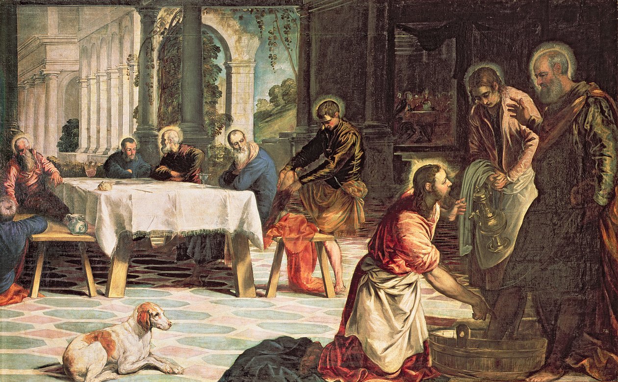 Cristo lavando os pés dos discípulos, detalhe do lado direito, c.1547 de Jacopo Robusti Tintoretto