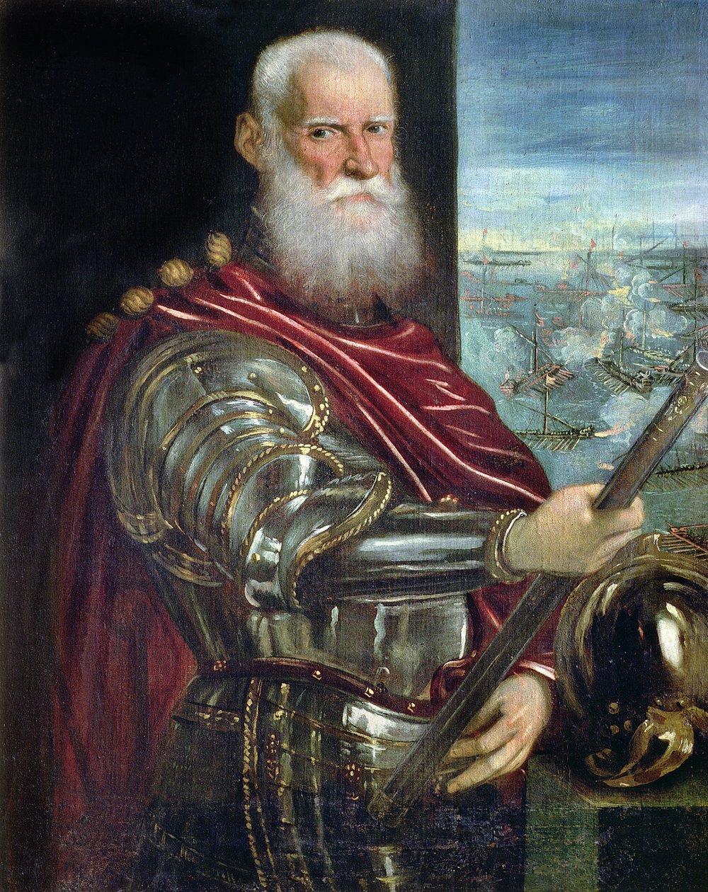 Retrato de Sebastiano Vernier (d.1578) Comandante-em-chefe das forças venezianas na guerra contra o Império Otomano com a batalha de Lepanto ao fundo, c.1571 de Jacopo Robusti Tintoretto