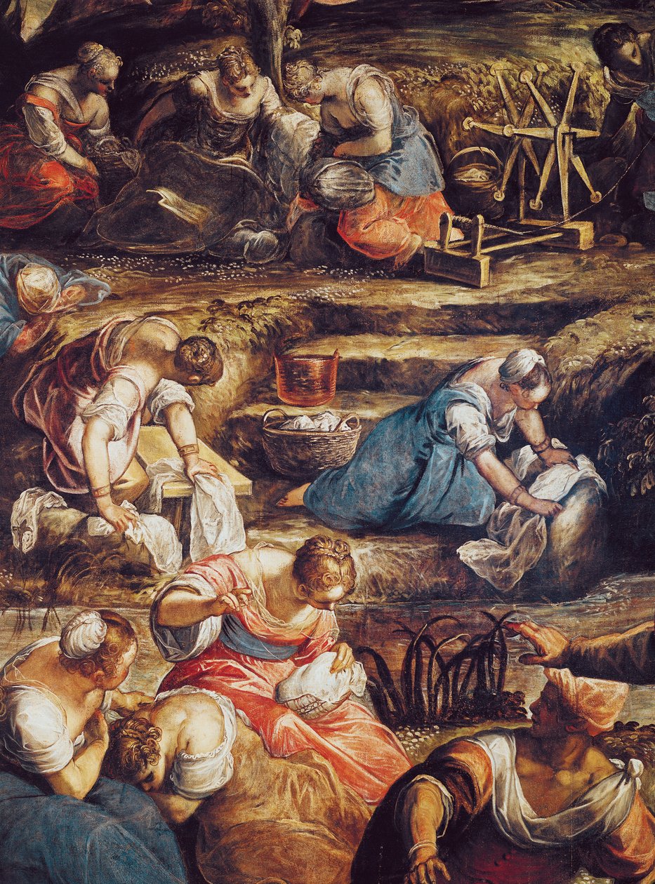 A Queda Milagrosa do Maná, detalhe das mulheres trabalhando de Jacopo Robusti Tintoretto