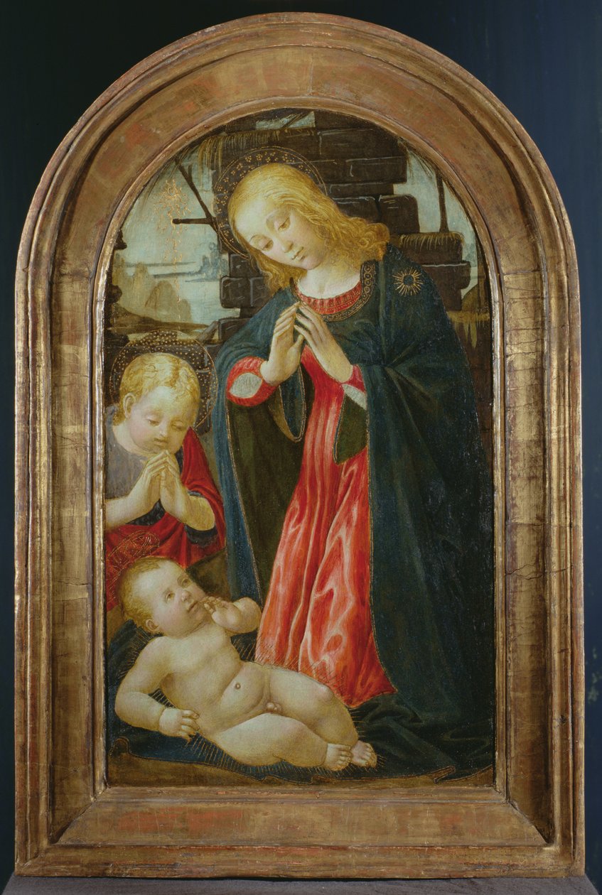 Madonna e Criança com a criança São João Batista (têmpera no painel) de Jacopo del Sellaio