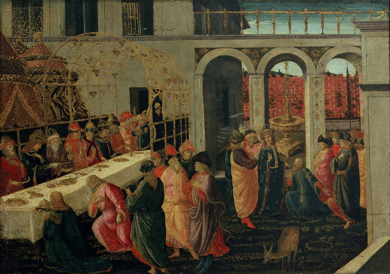 O Banquete de Assuero (tempera no painel) de Jacopo del Sellaio