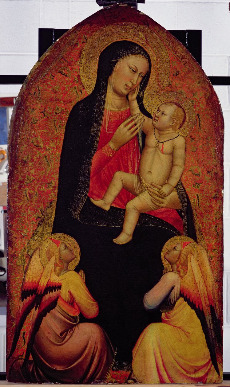 Virgem e criança com dois anjos (tempera no painel) de Jacopo di Cione